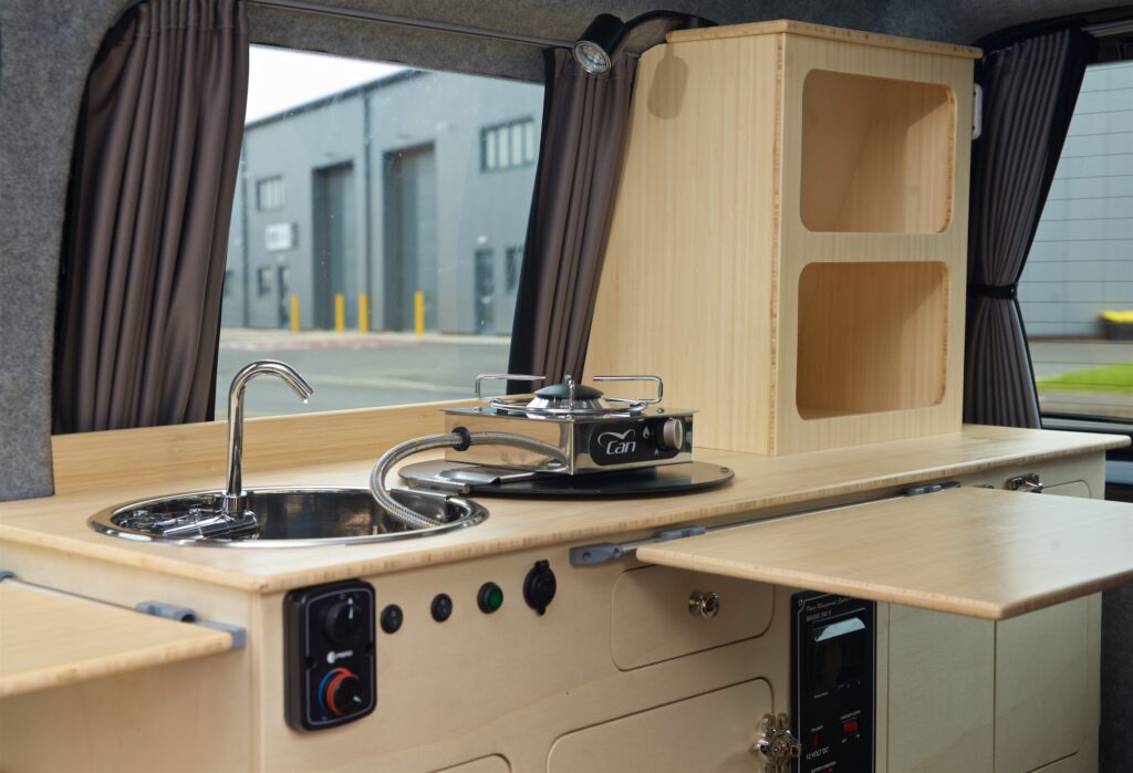 Interior kitchen area of a VW Caddy conversion