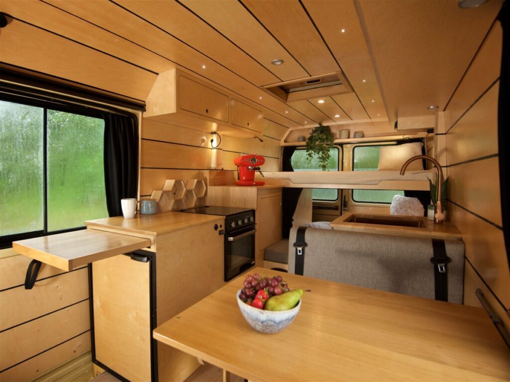 The interior of a large campervan